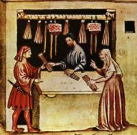 Selling bundles of candles depicted in medieval illustration